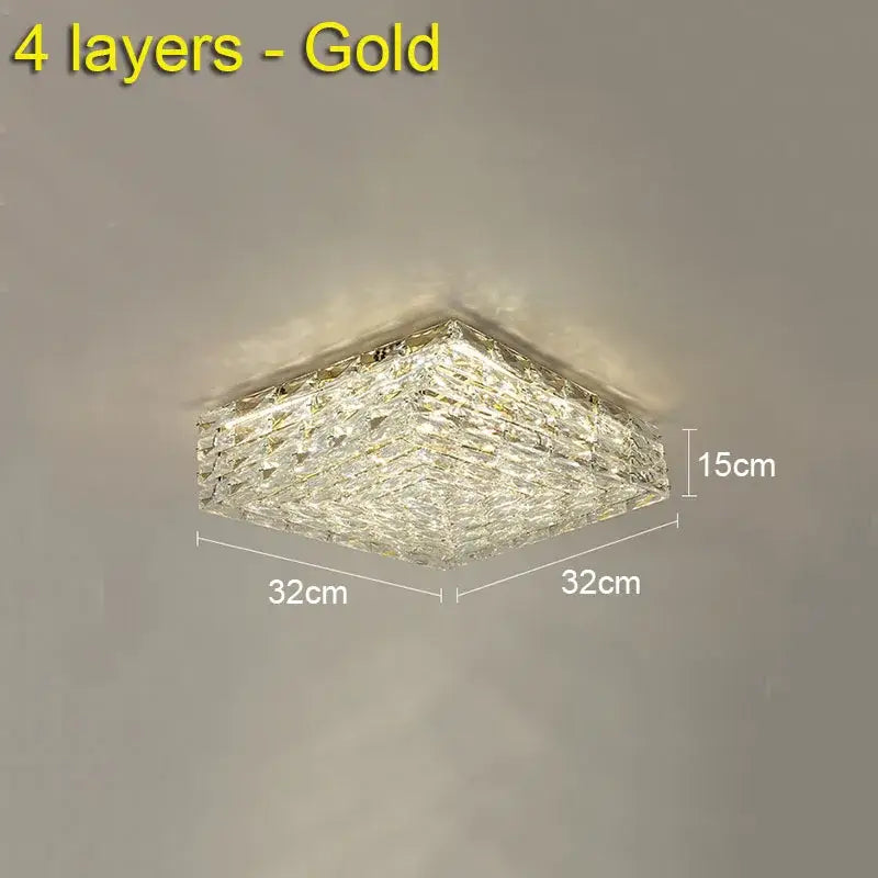 A square four-layered gold decorbites crystal ceiling lamp with a textured faceted design for modern indoor lighting