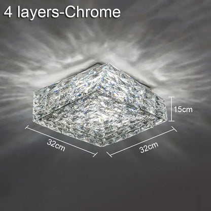 A modern decorbites crystal ceiling lamp with a chrome frame and clear crystal layers for indoor LED lighting
