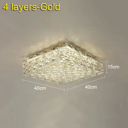 A square-shaped four-layered gold crystal ceiling lamp with a textured design for living room and bedroom lighting