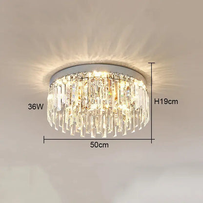 Decorbites crystal ceiling lamp with sleek silver base and cascading clear crystal prisms for modern indoor lighting