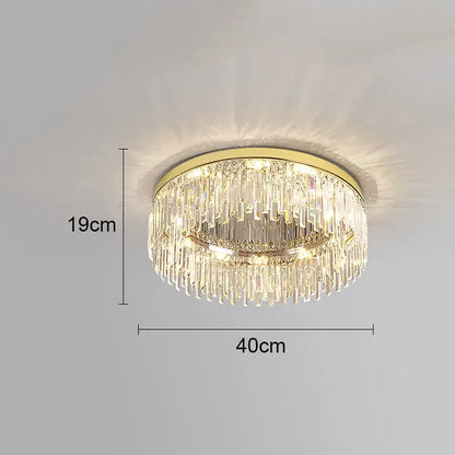 DecorBites crystal ceiling lamp with gold-toned metal frame and cascading clear crystal prisms modern ceiling lamp