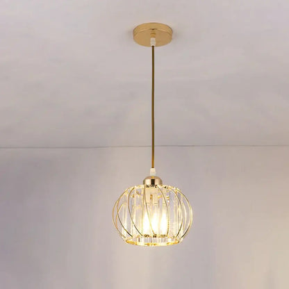 Gold-toned DecorBites crystal ceiling lamp with spherical cage design of clear crystal rods and metal framing for elegant decor