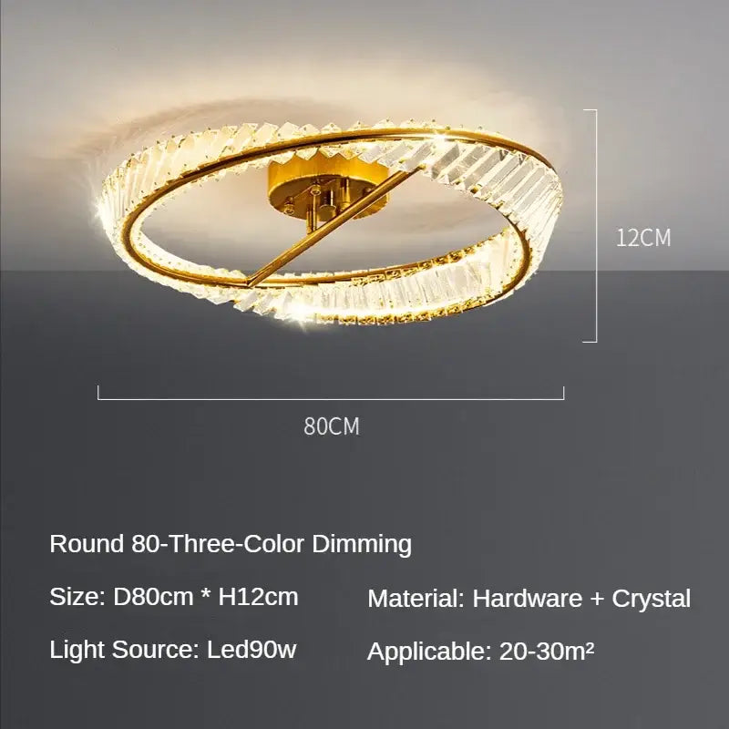 Gold-toned decorbites crystal ceiling lamp with two concentric rings and faceted crystals for dining room lighting