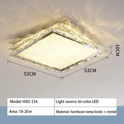 DecorBites crystal ceiling lamp with square crystal-encrusted gold frame and bi-color LED frosted glass center ceiling lamp