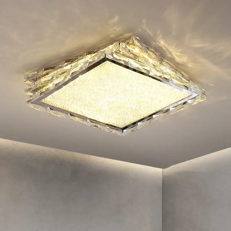 Decorbites crystal ceiling lamp with square faceted gold frame and warm diffused glow for bedroom and office use