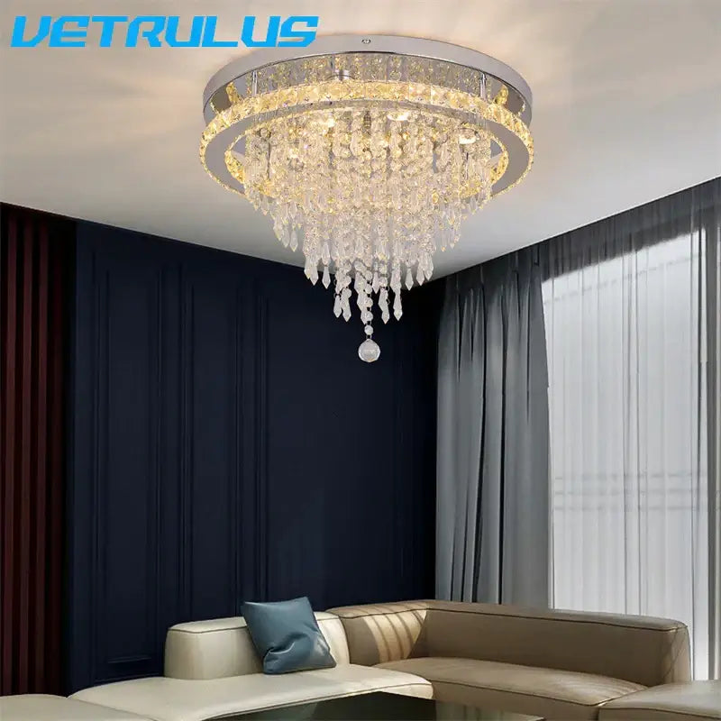 Decorbites crystal ceiling lamp with sleek chrome frame and clear crystal droplets featuring warm smart led lighting