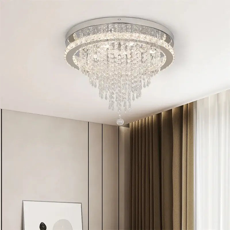 Decorbites crystal ceiling lamp featuring clear glass prisms and a sleek chrome frame with smart led remote control