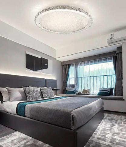 Decorbites crystal ceiling light with a sparkling crystal-encrusted ring and frosted glass center for living room use