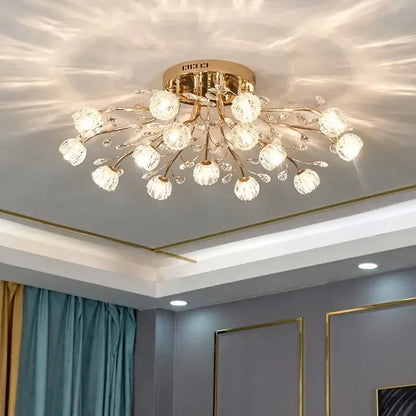 Gold-toned decorbites crystal ceiling light with crystal spherical bulbs and delicate branches for modern luxury living spaces