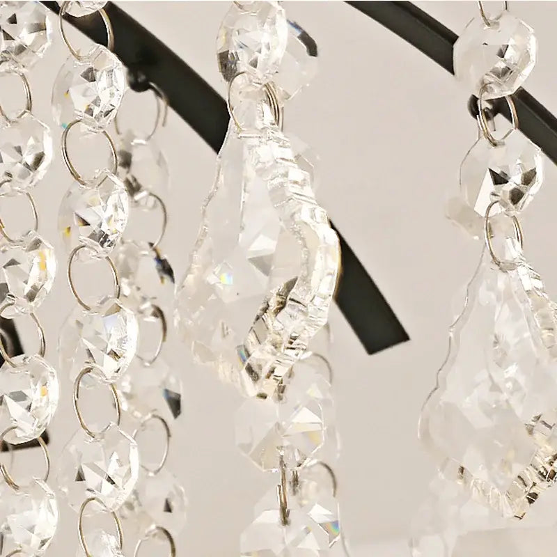 DecorBites crystal ceiling light with clear faceted crystal beads and teardrop pendants on black metal frame ceiling light