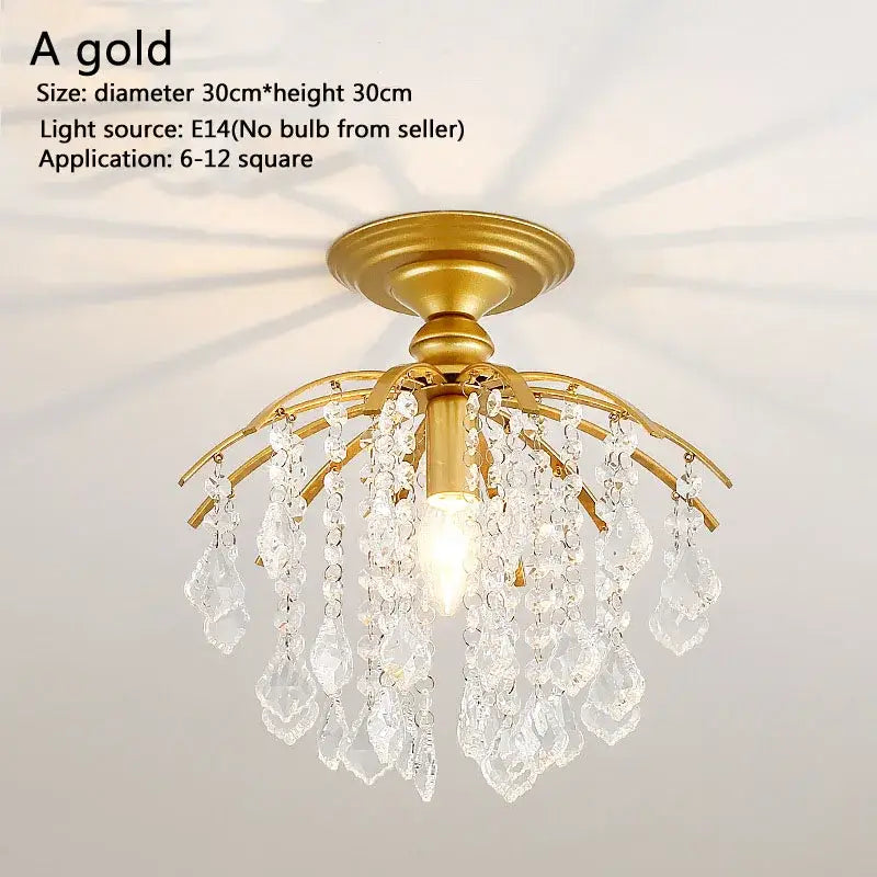 Gold-colored decorbites crystal ceiling light featuring a central bulb with cascading clear crystal droplets for luxury decor