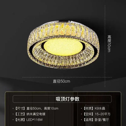 DecorBites crystal ceiling light with warm yellow LED panel and chrome framed k9 crystal rings for modern luxury