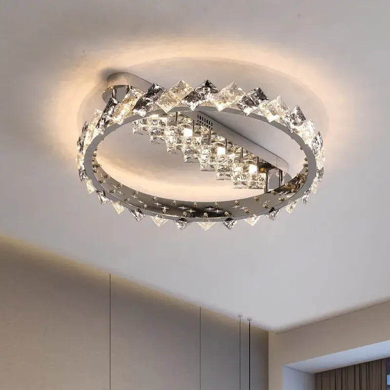 Modern chrome-finished decorbites crystal ceiling light with faceted crystal accents for living and dining rooms