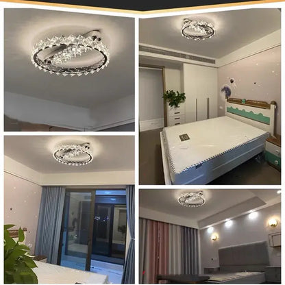 A modern decorbites crystal ceiling light with sleek chrome frame and clear crystals in a circular stainless steel design
