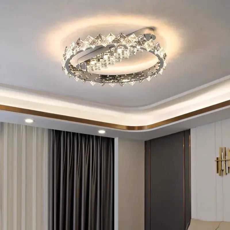 DecorBites crystal ceiling light with clear faceted crystals and chrome frame modern luxury stainless steel fixture
