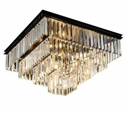 Square crystal ceiling light by DecorBites featuring a black metal frame and tiered cascading glass prisms