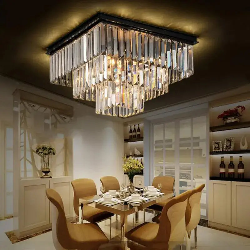 DecorBites crystal ceiling light featuring a square black metal frame with sparkling crystals for modern vintage décor