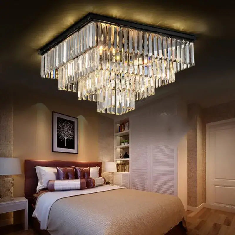 Rectangular decorbites crystal ceiling light with black metal frame and cascading clear glass prisms for elegant decor