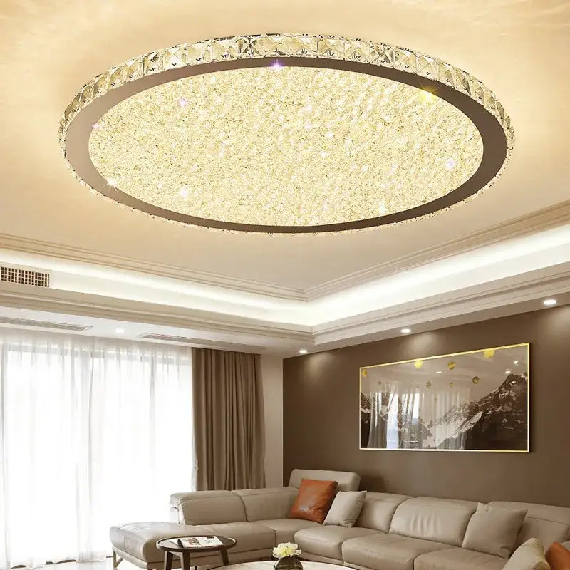 DecorBites crystal ceiling light with circular design clear crystal accents and warm golden LED illumination for living room