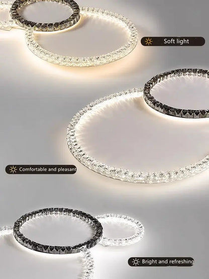 Modern decorbites crystal ceiling lights led chandelier with circular crystal-encrusted rims and adjustable brightness