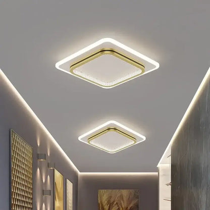 Square decorbites crystal ceiling light with gold-toned frame and illuminated crystal panel for modern indoor lighting