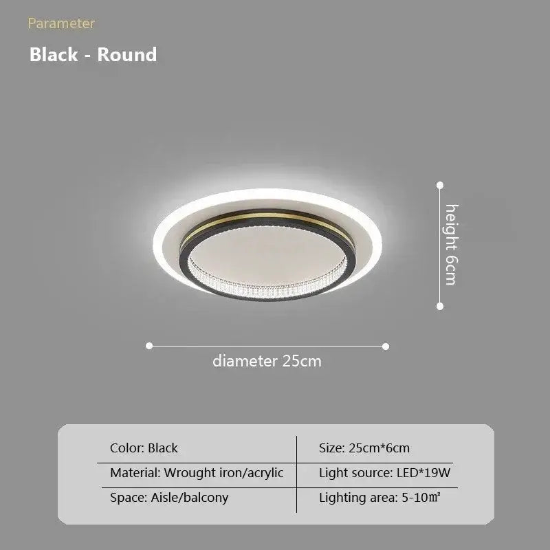 Black round decorbites™ crystal ceiling light with frosted acrylic ring and led strip, crafted from wrought iron for indoor use