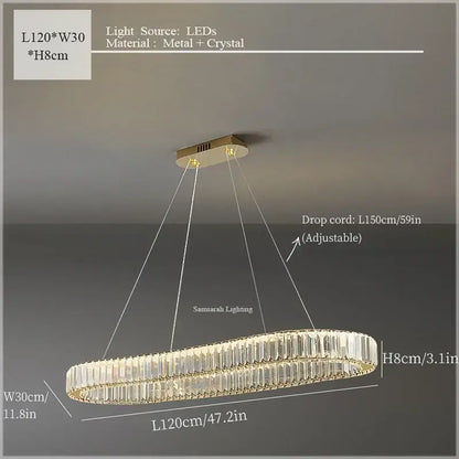 Gold-toned decorbites crystal ceiling pendant chandelier with sleek metal frame and faceted crystal accents illuminated by led lights