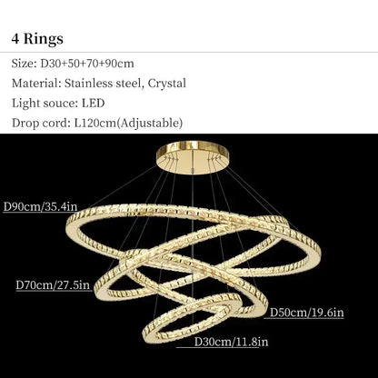 Gold-toned decorbites crystal ceiling pendant light with four interlocking rings and crystal accents for modern decor