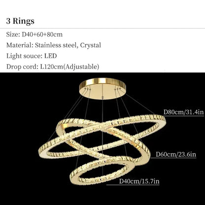 Gold-toned DecorBites crystal ceiling pendant light with three interlocking rings and sparkling crystal accents
