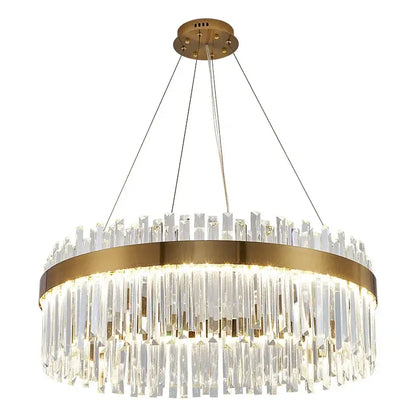 Modern gold-toned metal decorbites crystal ceiling pendant light with cascading clear crystal prisms for living room
