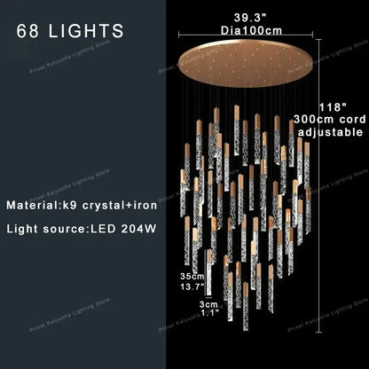 A modern decorbites crystal ceiling pendant light with 68 led k9 crystal lights and warm-toned iron circular top plate