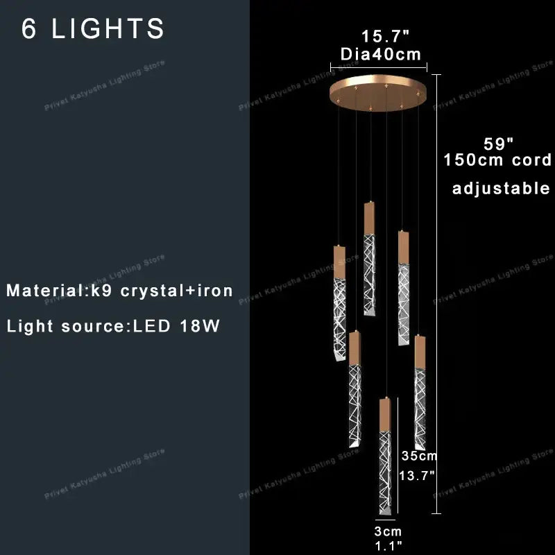 Modern decorbites crystal ceiling pendant lights with six adjustable led lights, bronze finish, and geometric crystal rods