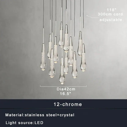 Modern decorbites crystal ceiling pendant lights with 12 teardrop crystal pendants on a chrome stainless steel frame