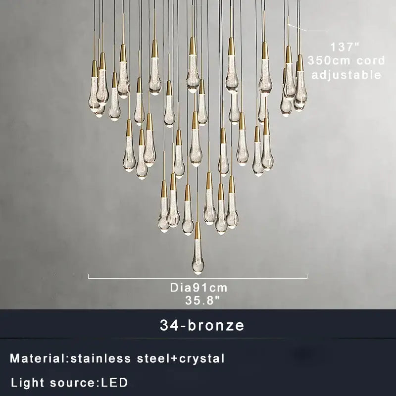 A modern decorbites crystal ceiling pendant light with teardrop crystal pendants and bronze stainless steel cords