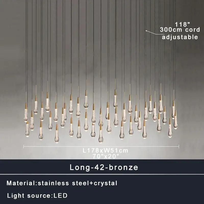 Bronze-finished decorbites crystal ceiling pendant with 42 crystal teardrop pendants for luxury dining room lighting
