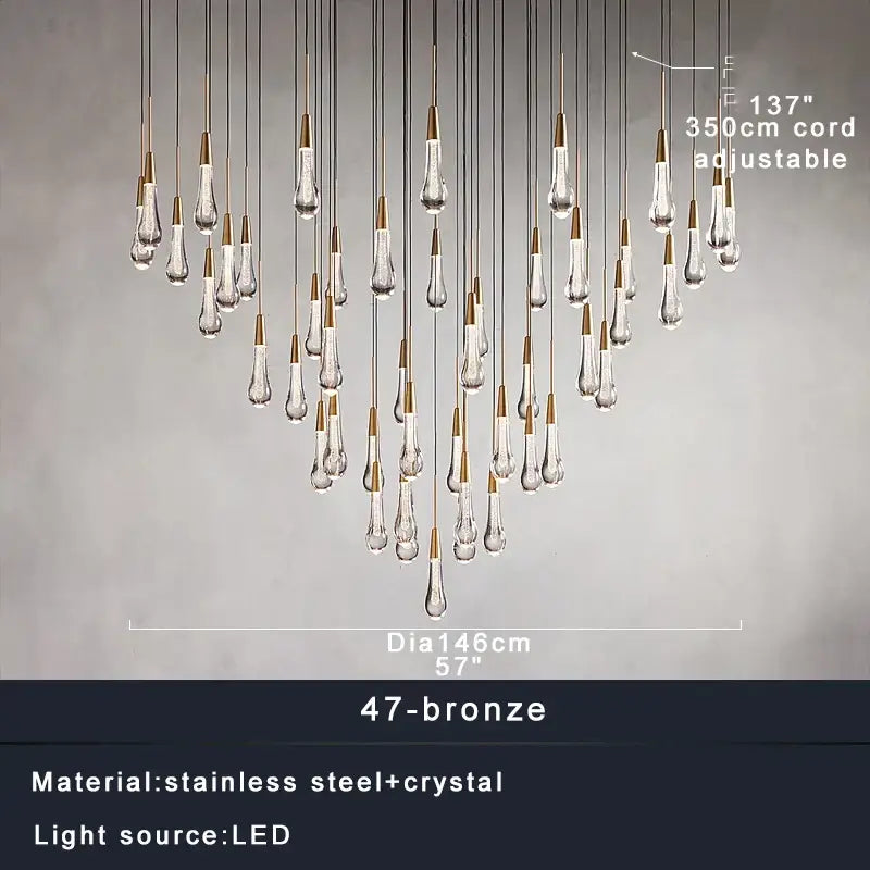 A modern decorbites crystal ceiling pendant light with 47 clear crystal teardrops and bronze stainless steel arms
