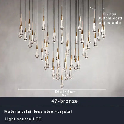 A modern decorbites crystal ceiling pendant light with 47 clear crystal teardrops and bronze stainless steel arms