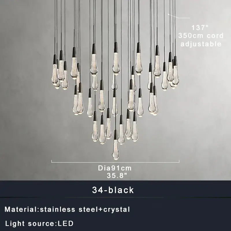 A modern black and clear decorbites crystal ceiling pendant with teardrop lights for luxury dining room decor