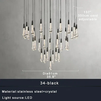 A modern black and clear decorbites crystal ceiling pendant with teardrop lights for luxury dining room decor