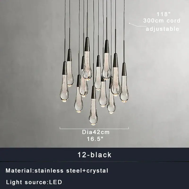 Decorbites crystal ceiling pendant lights with 12 black stainless steel capped teardrop crystals and 300cm adjustable cord