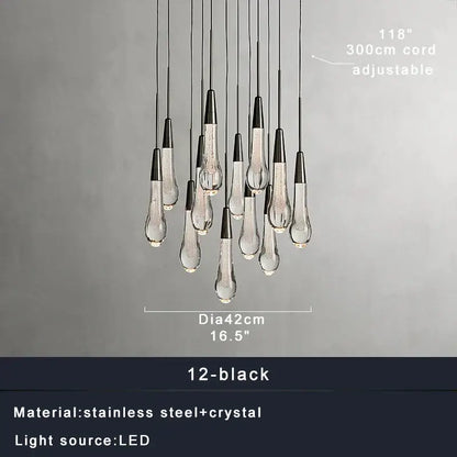 Decorbites crystal ceiling pendant lights with 12 black stainless steel capped teardrop crystals and 300cm adjustable cord