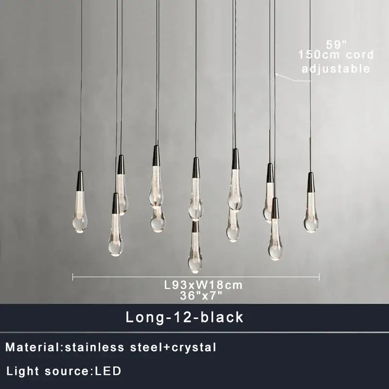 Set of twelve modern black pendant lights with clear crystal droplet shades and stainless steel fixtures by DecorBites crystal ceiling