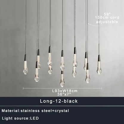 Set of twelve modern black pendant lights with clear crystal droplet shades and stainless steel fixtures by DecorBites crystal ceiling