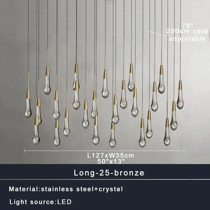Decorbites crystal ceiling pendant light featuring 25 teardrop crystal pendants with bronze tops and stainless steel wiring