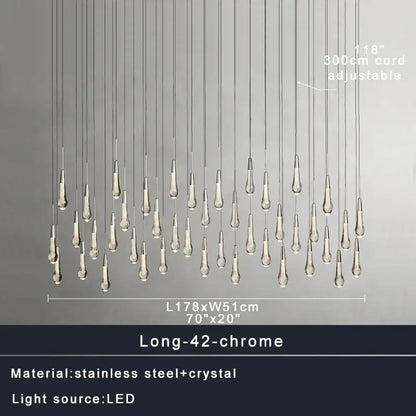 A modern chrome-finished decorbites crystal ceiling pendant light with 42 teardrop crystal droplets for luxury dining room decor