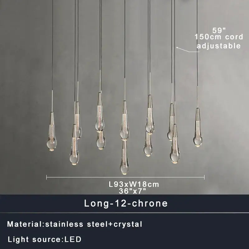 DecorBites crystal ceiling pendant light with twelve teardrop crystal elements on stainless steel cords for dining rooms
