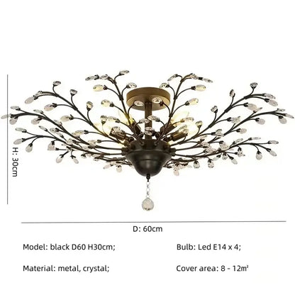 DecorBites crystal chain pendant black metal and crystal branch-style chandelier with brass-toned mounting plate for indoor decor