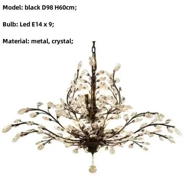 Black metal decorbites crystal chain pendant chandelier with crystal branches and droplets for indoor decor lighting