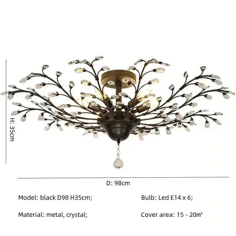 Black metal decorbites crystal chain pendant chandelier with branching tree design adorned with clear crystals for indoor decor