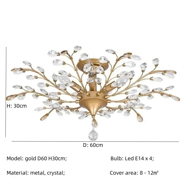 Gold-toned decorbites crystal chain pendant chandelier with branching metal arms and faceted crystals for indoor decor